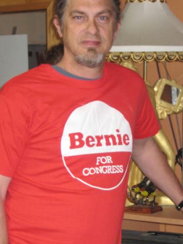 red tshirt with bernie for congress written on in white letters