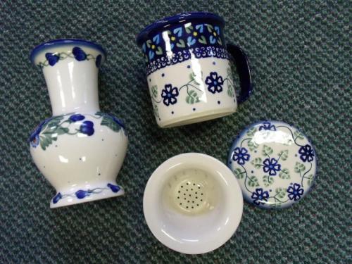blue and yellow flower polish pottery 4 pieces